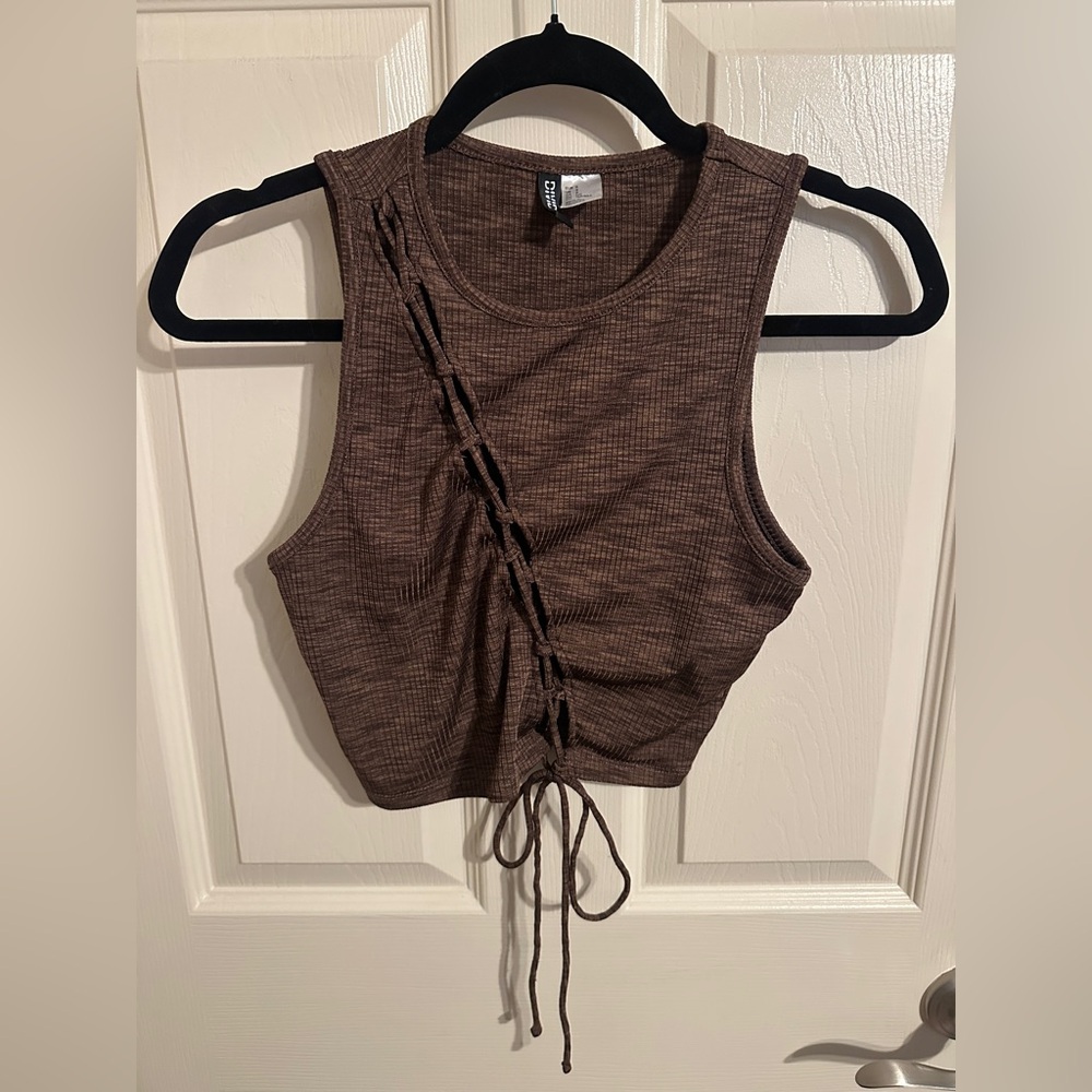 Divided Lace-Up Tie Front Sleeveless Crop Top, Brown, Sz S, NWOT